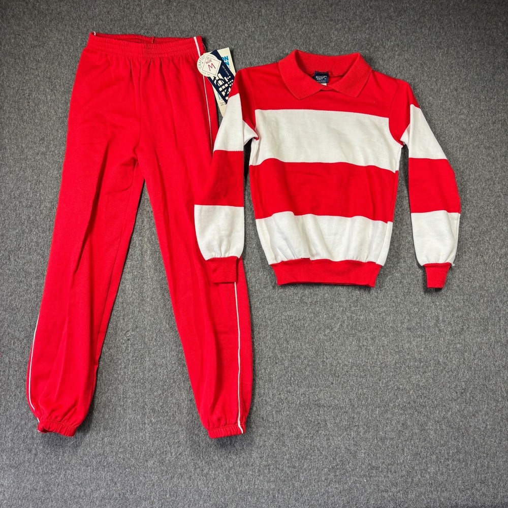Vintage NWT 80s Indy Knit Tracksuit Set Red White Striped Polo Sweatshirt Boy 14